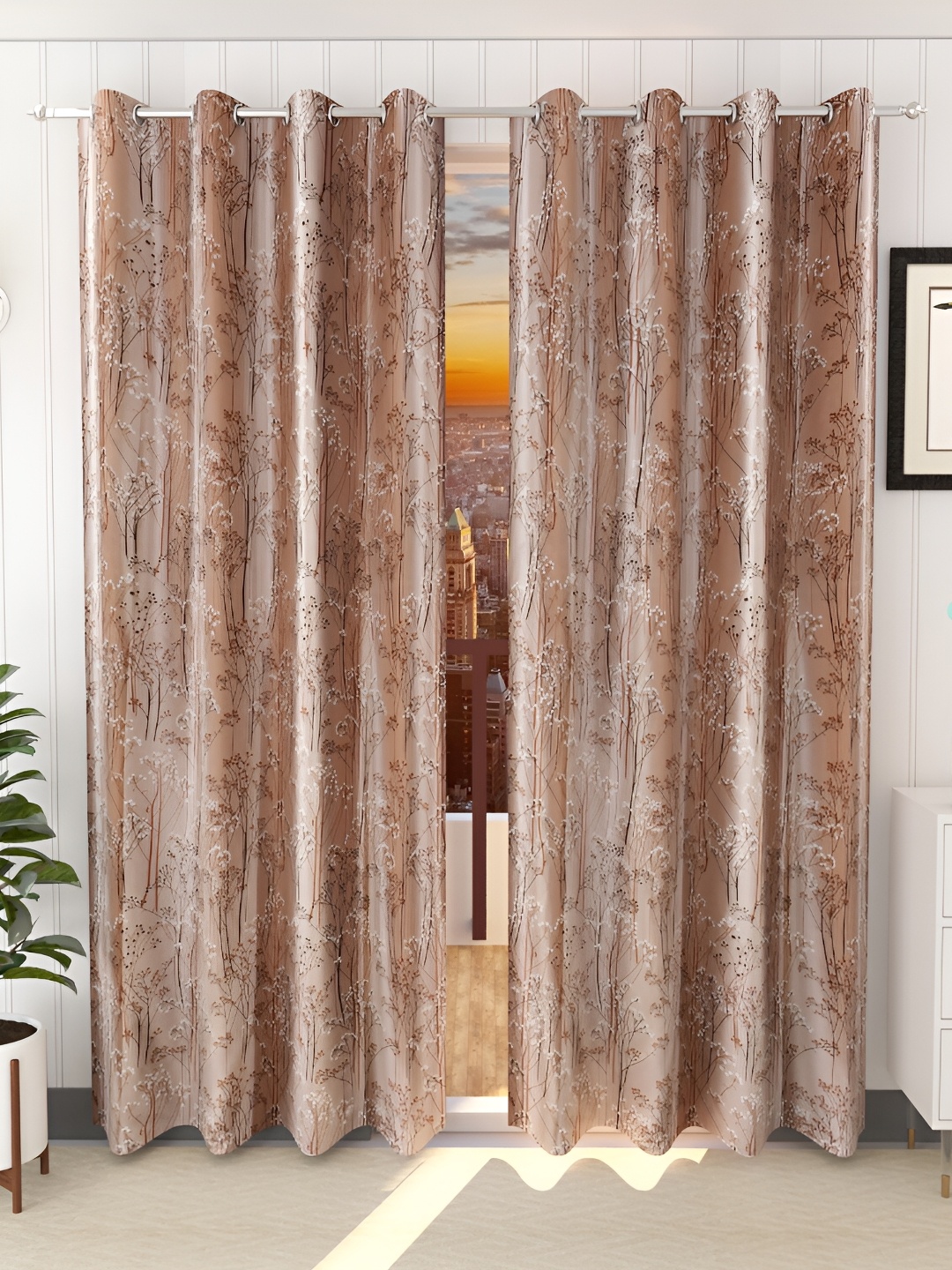 

Stella Creations Brown 2 Pieces Floral Room Darkening Long Door Curtains