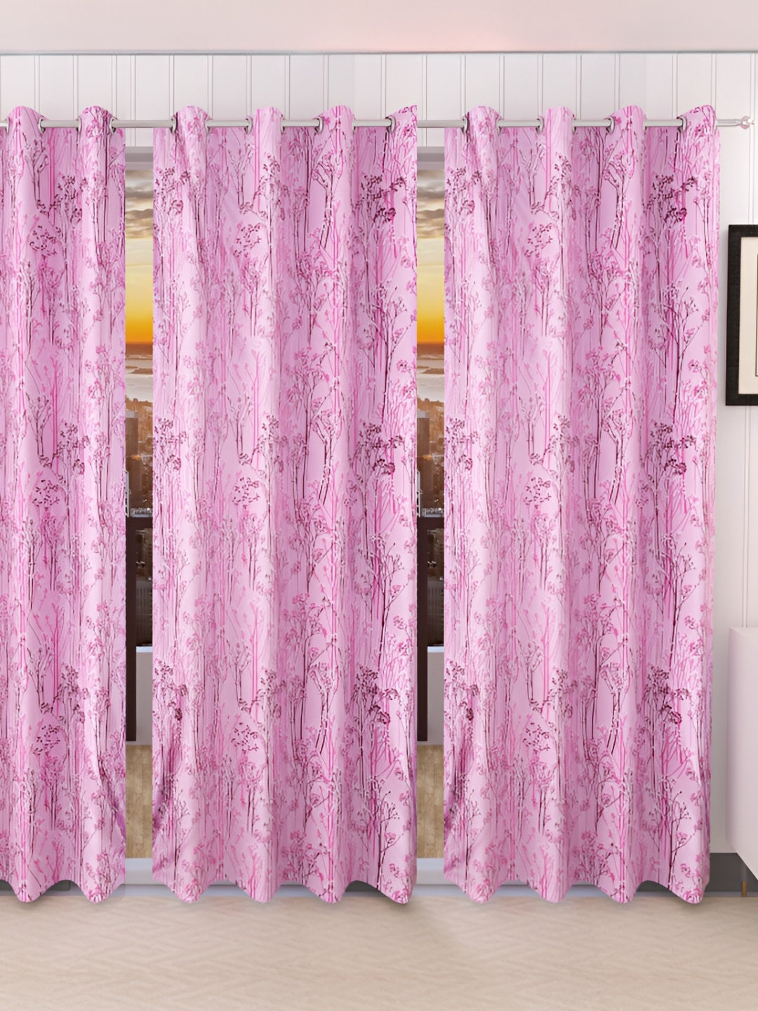 Stella Creations Pink 3 Pieces Floral Room Darkening Long Door Curtains