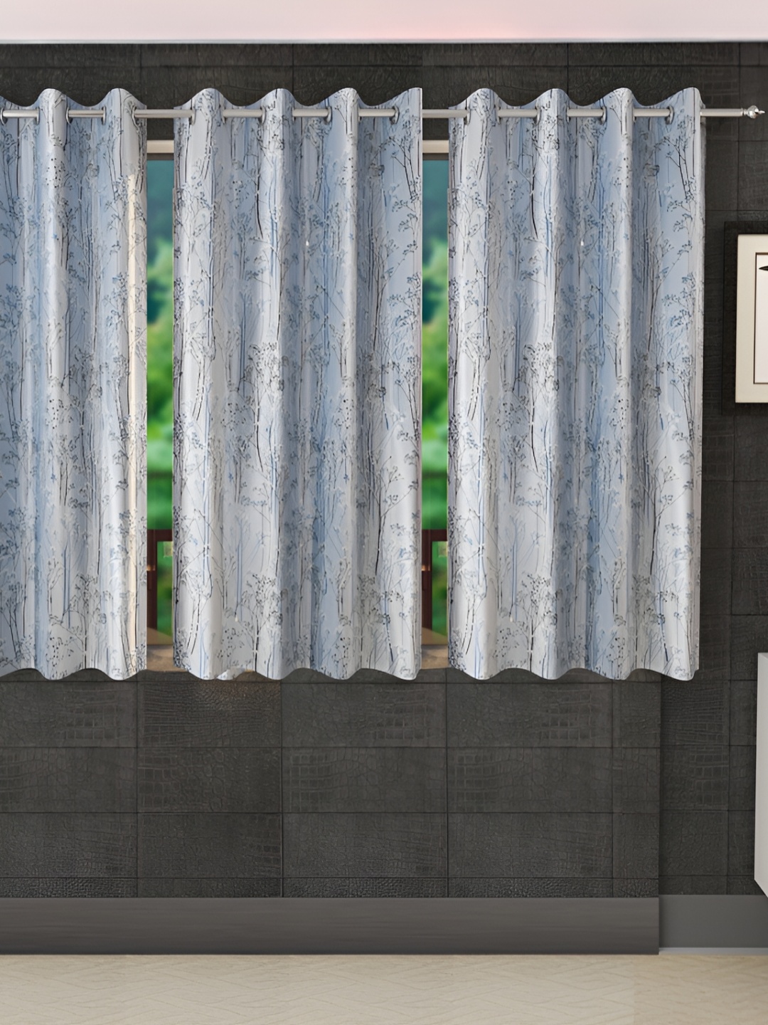 Stella Creations Blue 3 Pieces Floral Room Darkening Window Curtains