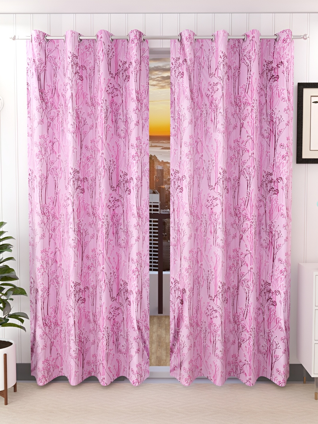 

Stella Creations Pink 2 Pieces Floral Room Darkening Door Curtains