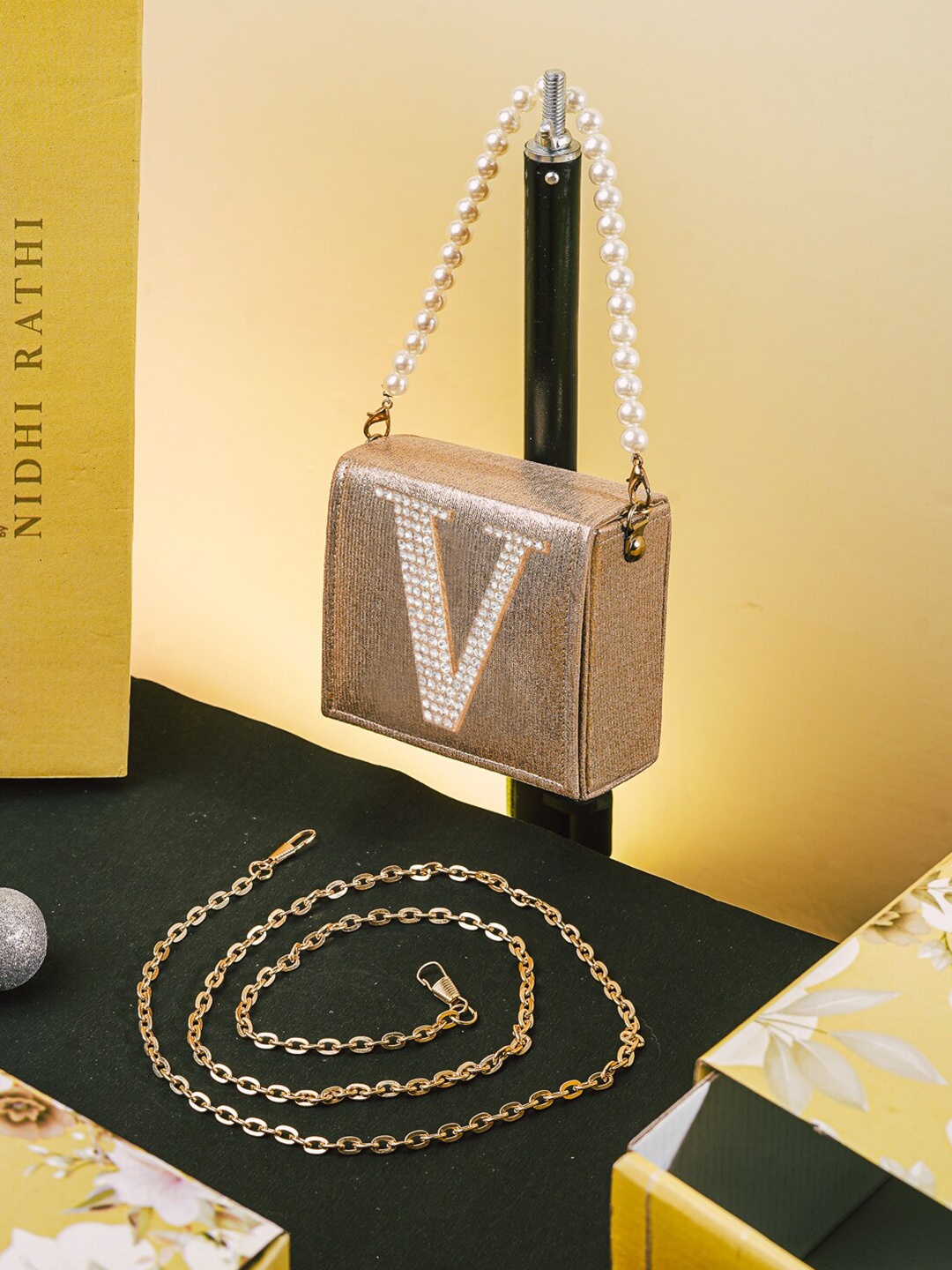 

NR By Nidhi Rathi Embellished V Alphabet Initial Leather Box Clutch, Gold