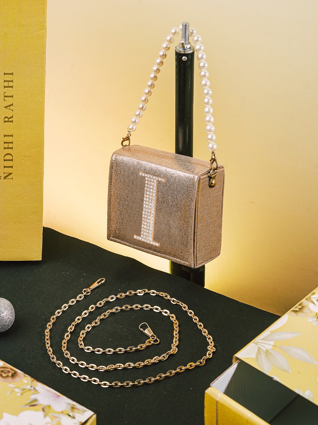 

NR By Nidhi Rathi I Embellished Box Clutch, Gold