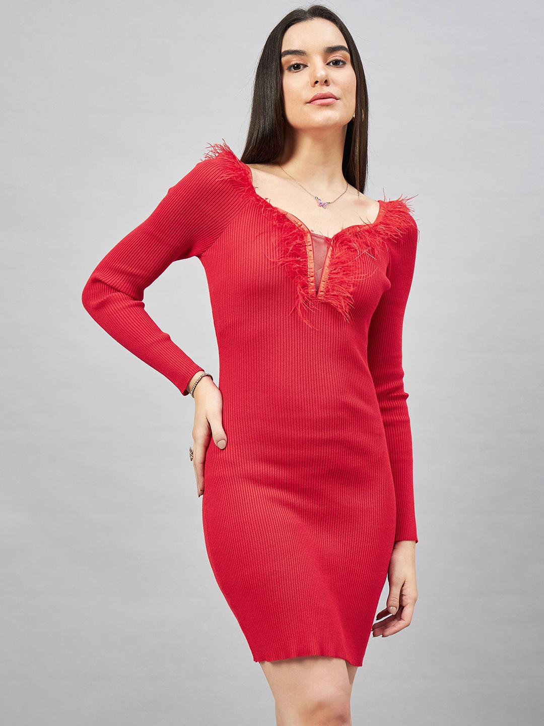 

Orchid Blues Round Neck Long Sleeves Striped Woollen Dress, Red