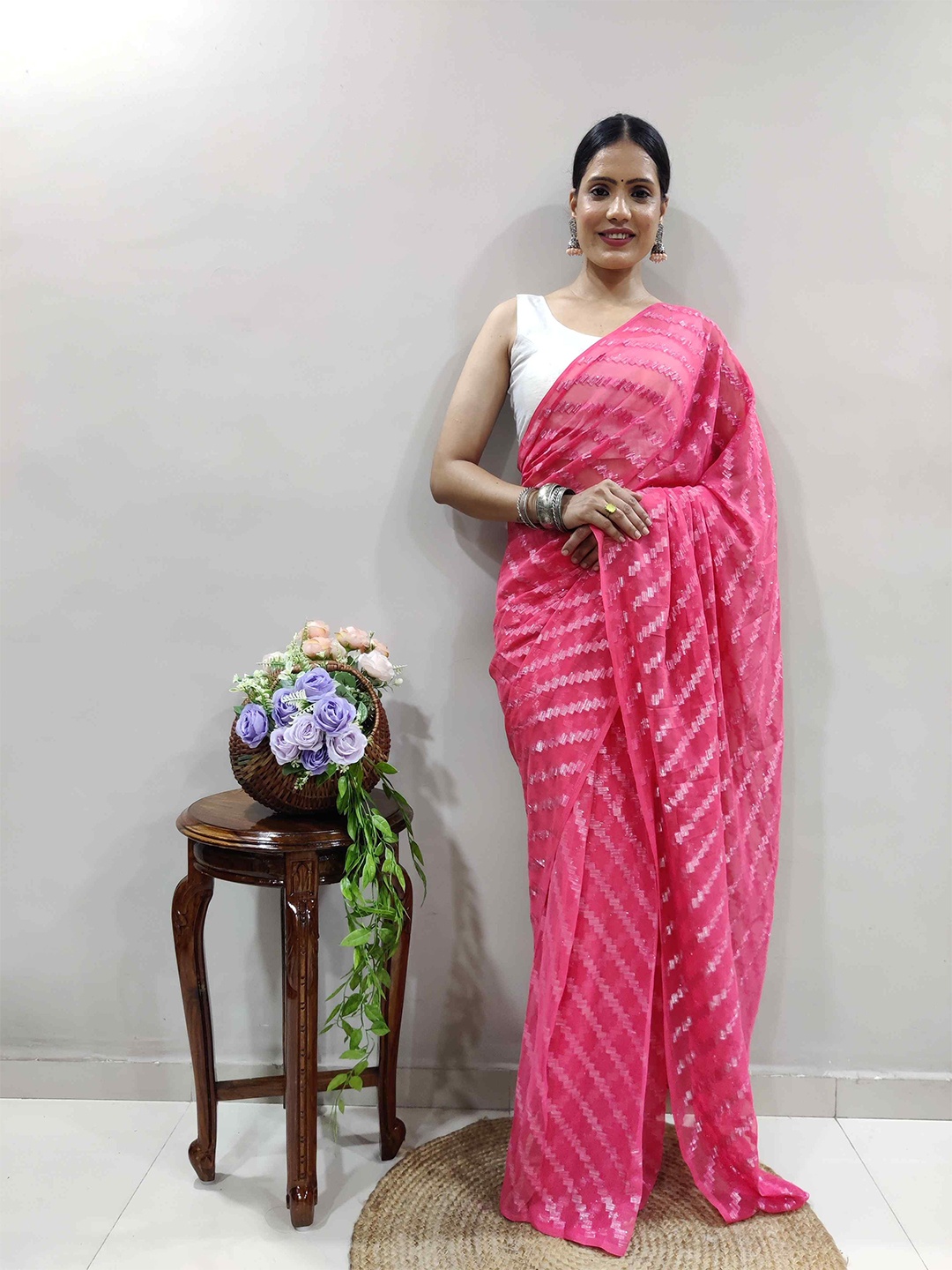 

Reeta Fashion Embellished Pure Georgette Ready to wear Saree, Pink