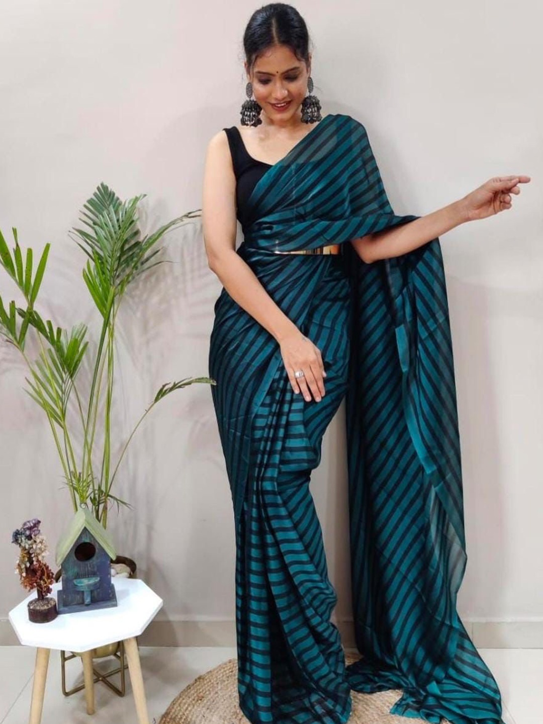 

Reeta Fashion Striped Silk Blend Ready to Wear Saree, Teal