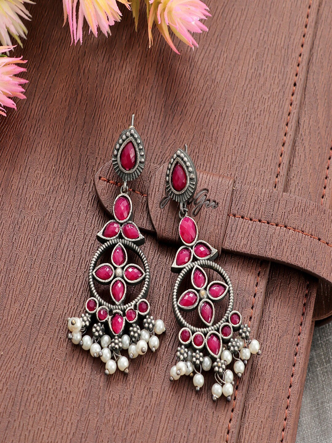 

UNIVERSITY TRENDZ Oxidised Silver-Plated Stones Studded & Beaded Drop Earrings