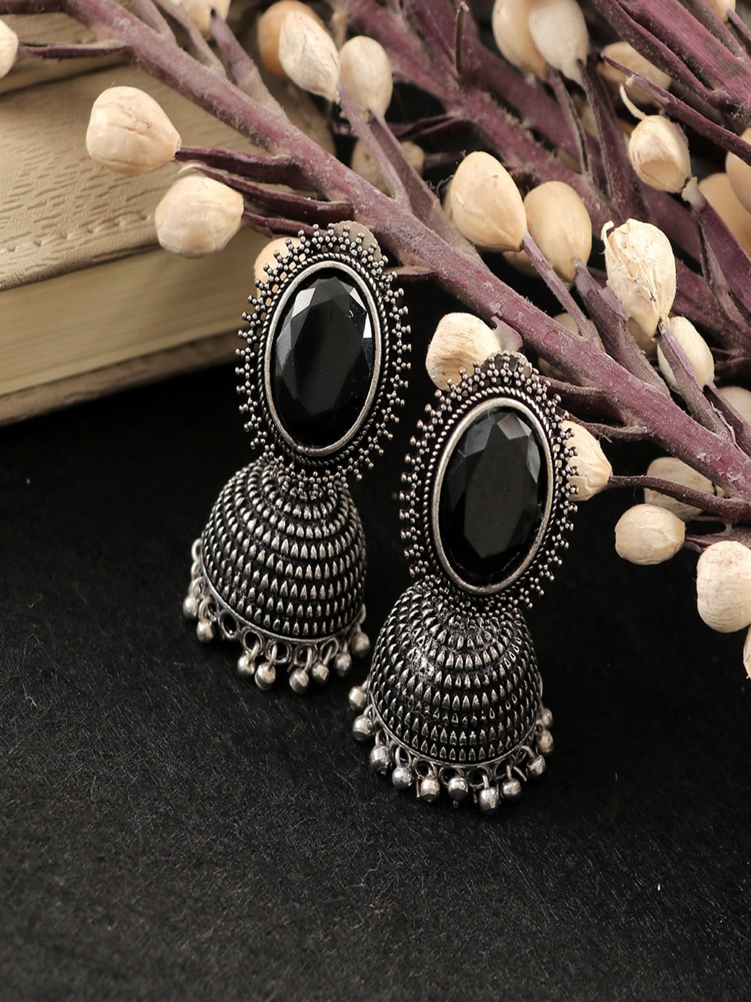 

UNIVERSITY TRENDZ Oxidised Silver-Plated Stones Studded Dome Shaped Jhumka