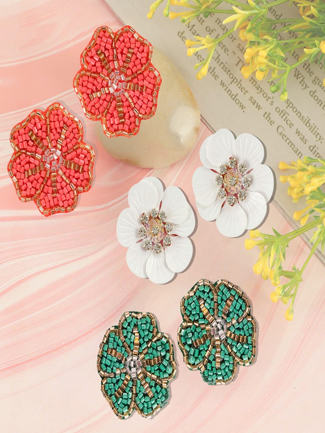 

UNIVERSITY TRENDZ Set Of 3 Gold-Plated Floral Beaded Studs Earrings