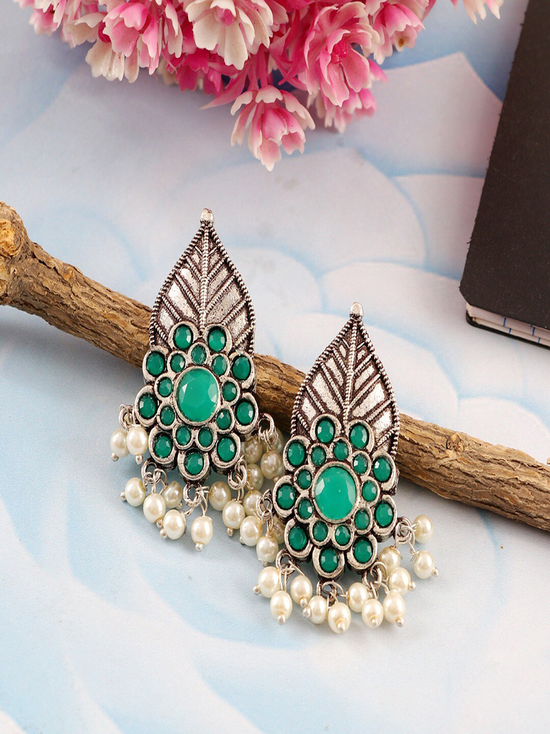 

UNIVERSITY TRENDZ Silver-Plated Leaf Design Studded & Beaded Jhumkas