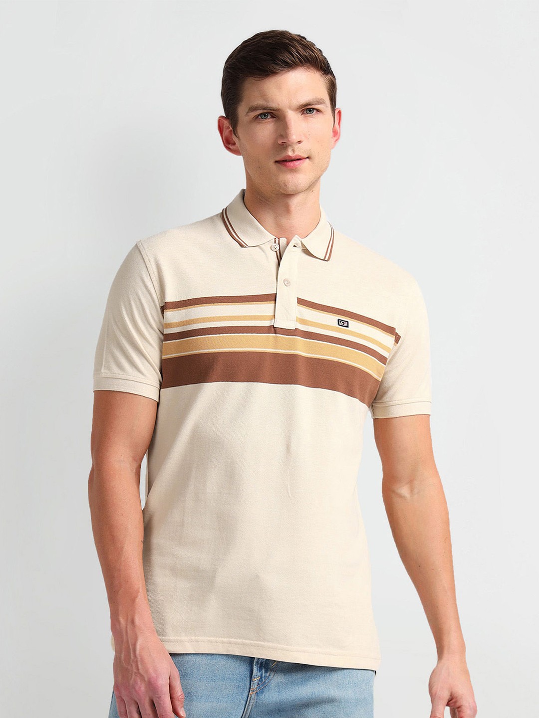 

Arrow Sport Striped Polo Collar T-shirt, Beige