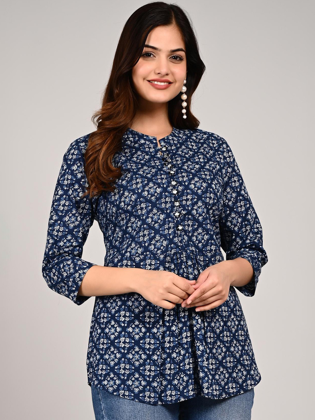 

FABISTA Floral Printed Cotton Shirt Style Top, Navy blue
