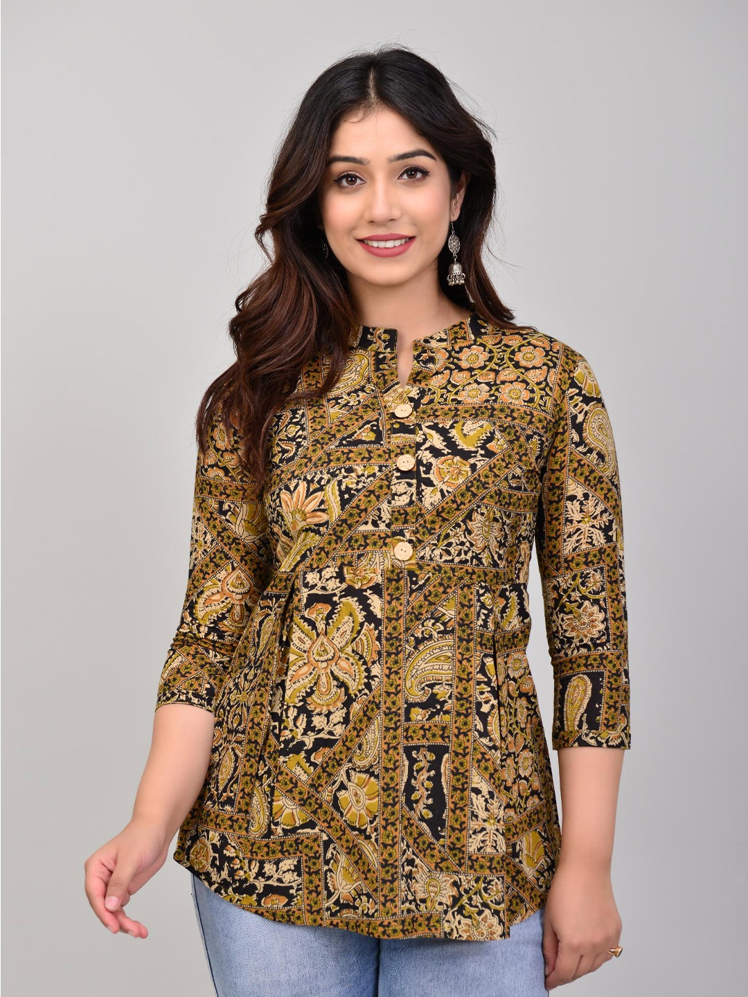 

FABISTA Floral Printed Mandarin Collar Cotton A-Line Top, Coffee brown