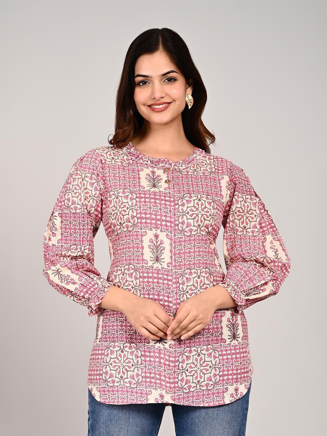 

FABISTA Ethnic Motifs Printed Puff Sleeves Cotton Top, Pink