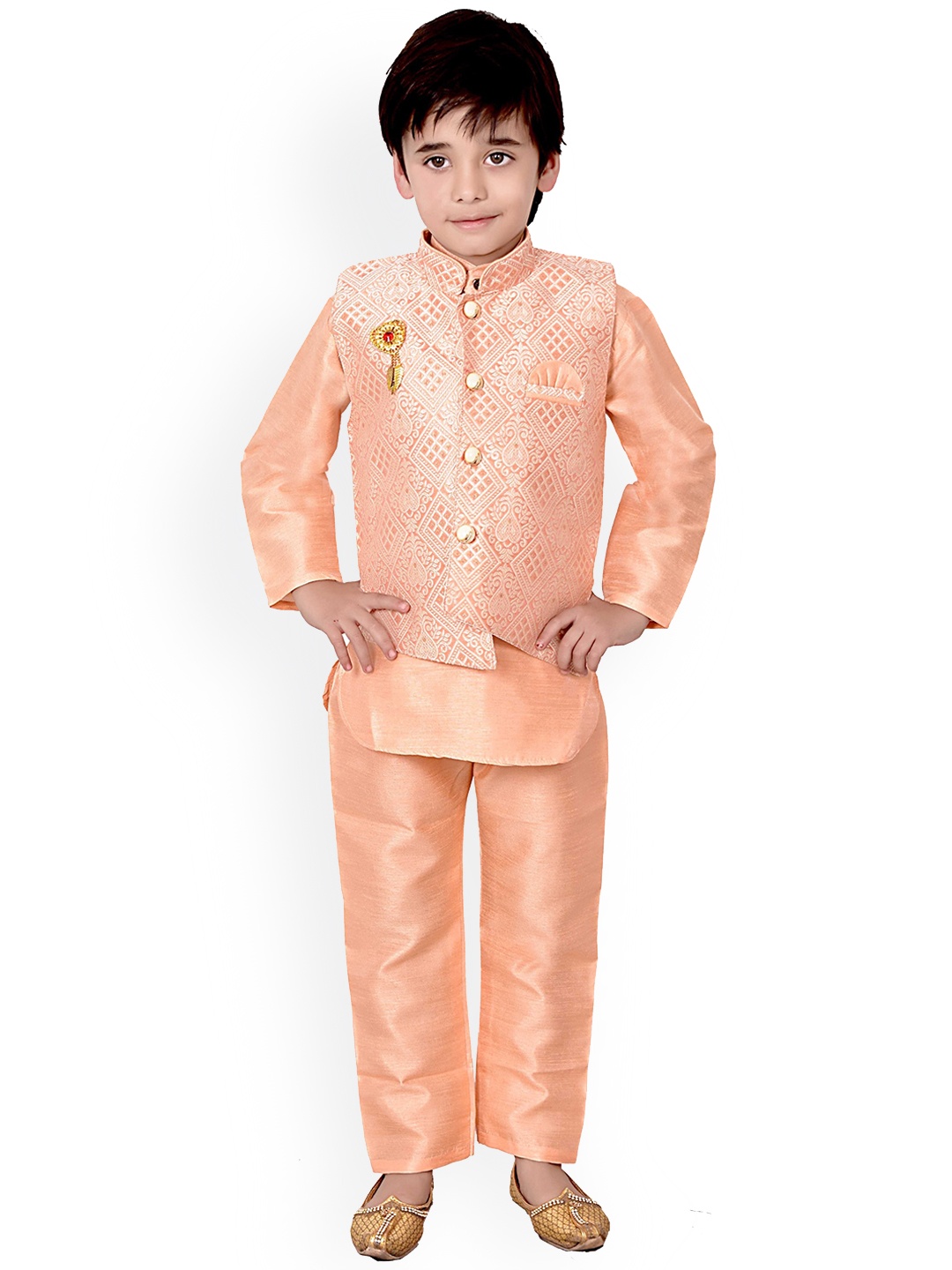 

BAESD Boys Mandarin Collar Banarasi Silk Kurta With Pyjama & Waistcoat, Peach