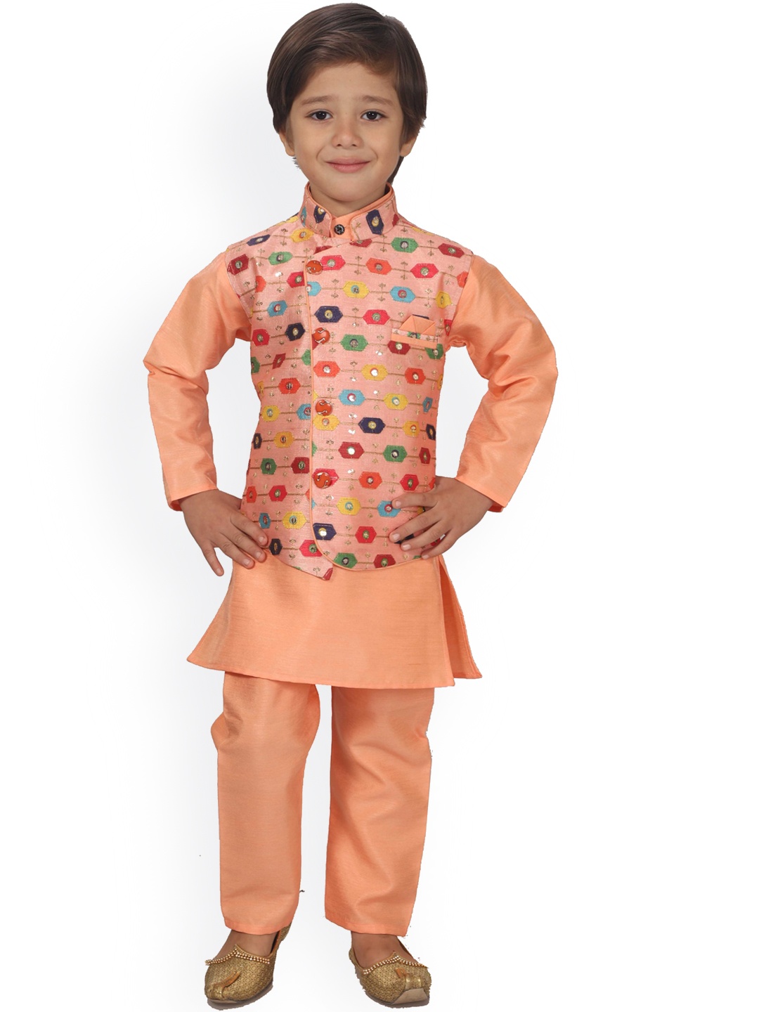 

BAESD Boys Regular Kurta With Pyjamas With Waistcoat, Peach