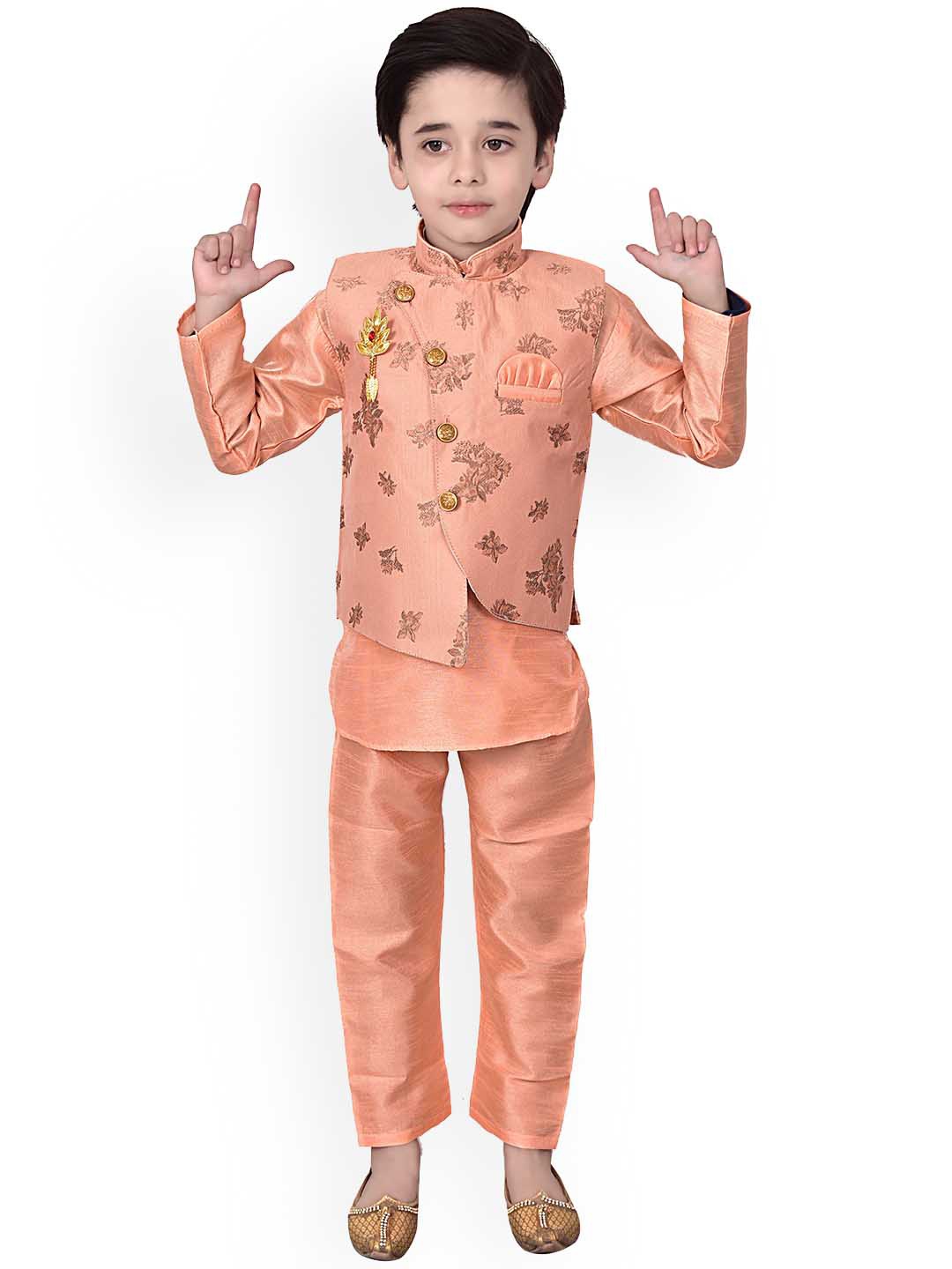 

BAESD Boys Regular Kurta With Pyjamas And Waistcoat, Peach