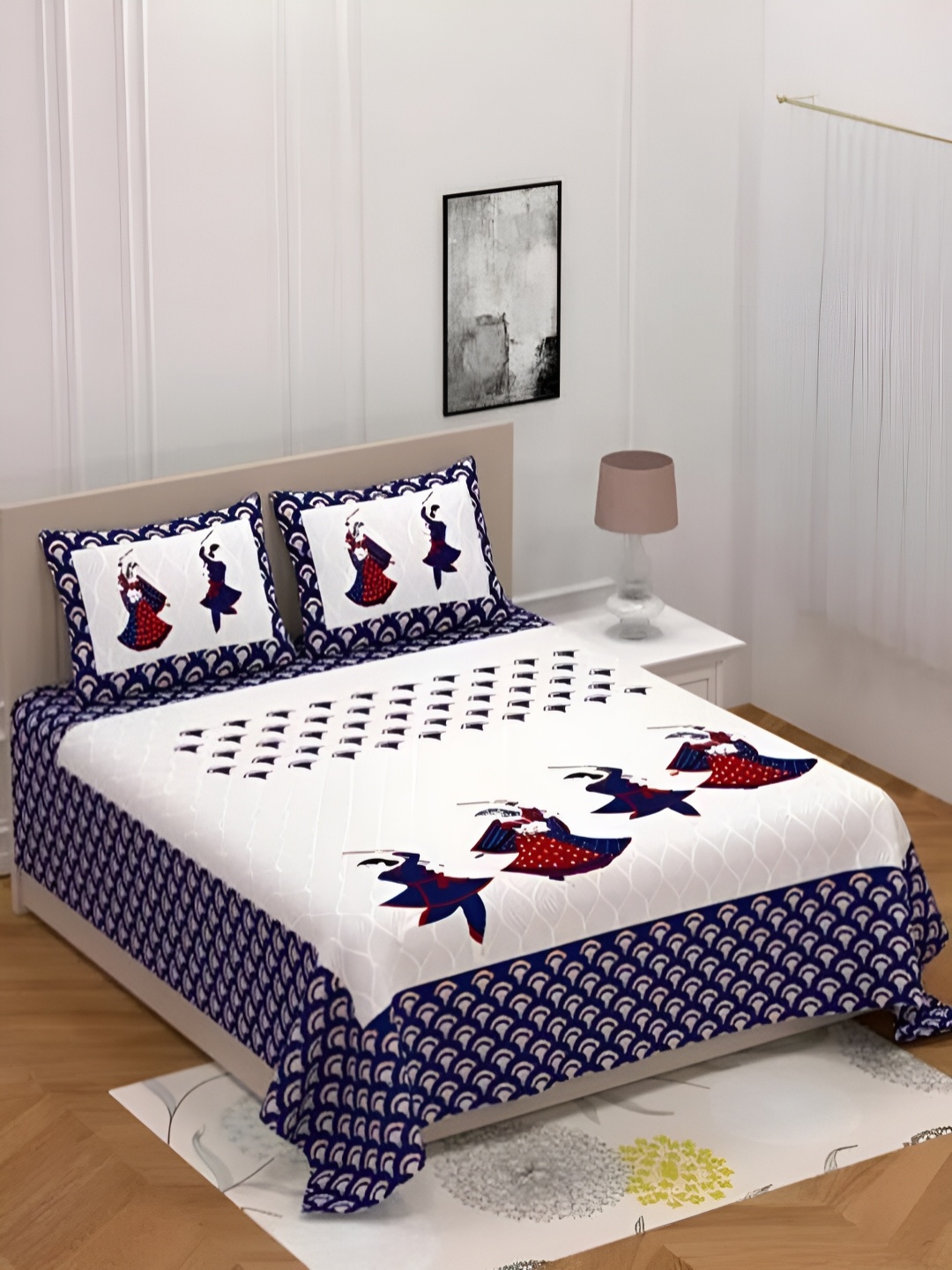 

Runjhun Blue & White Ethnic Motifs 144 TC Queen Bedsheet with 2 Pillow Covers