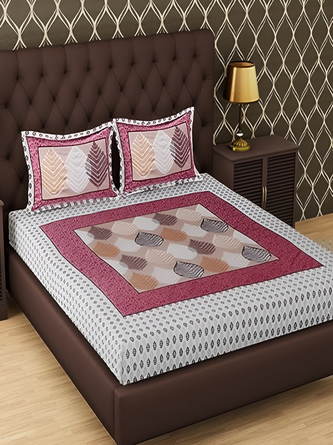 

Runjhun Pink & White Ethnic Motifs Cotton 144 TC Queen Bedsheet with 2 Pillow Covers