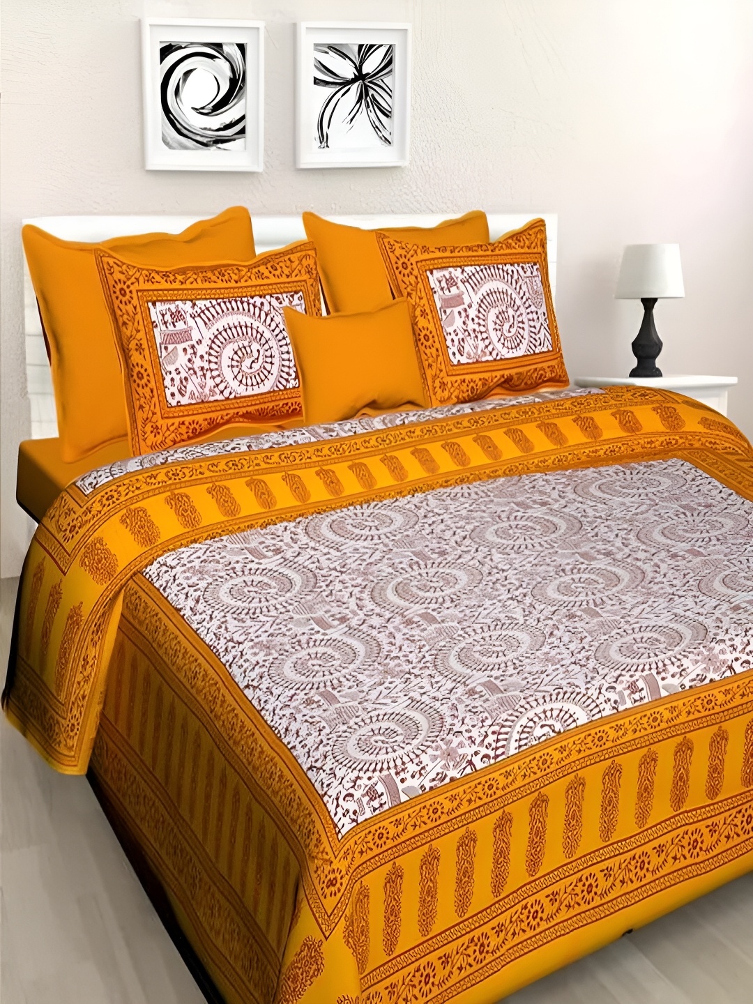 

Runjhun Yellow & White Ethnic Motifs Cotton 144 TC Queen Bedsheet with 2 Pillow Covers