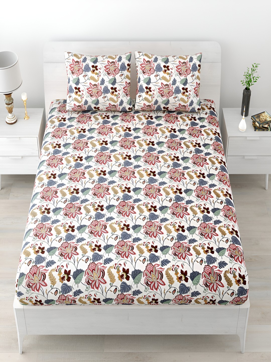 

Runjhun White & Grey Floral Cotton King Bedsheet with 2 Pillow Covers
