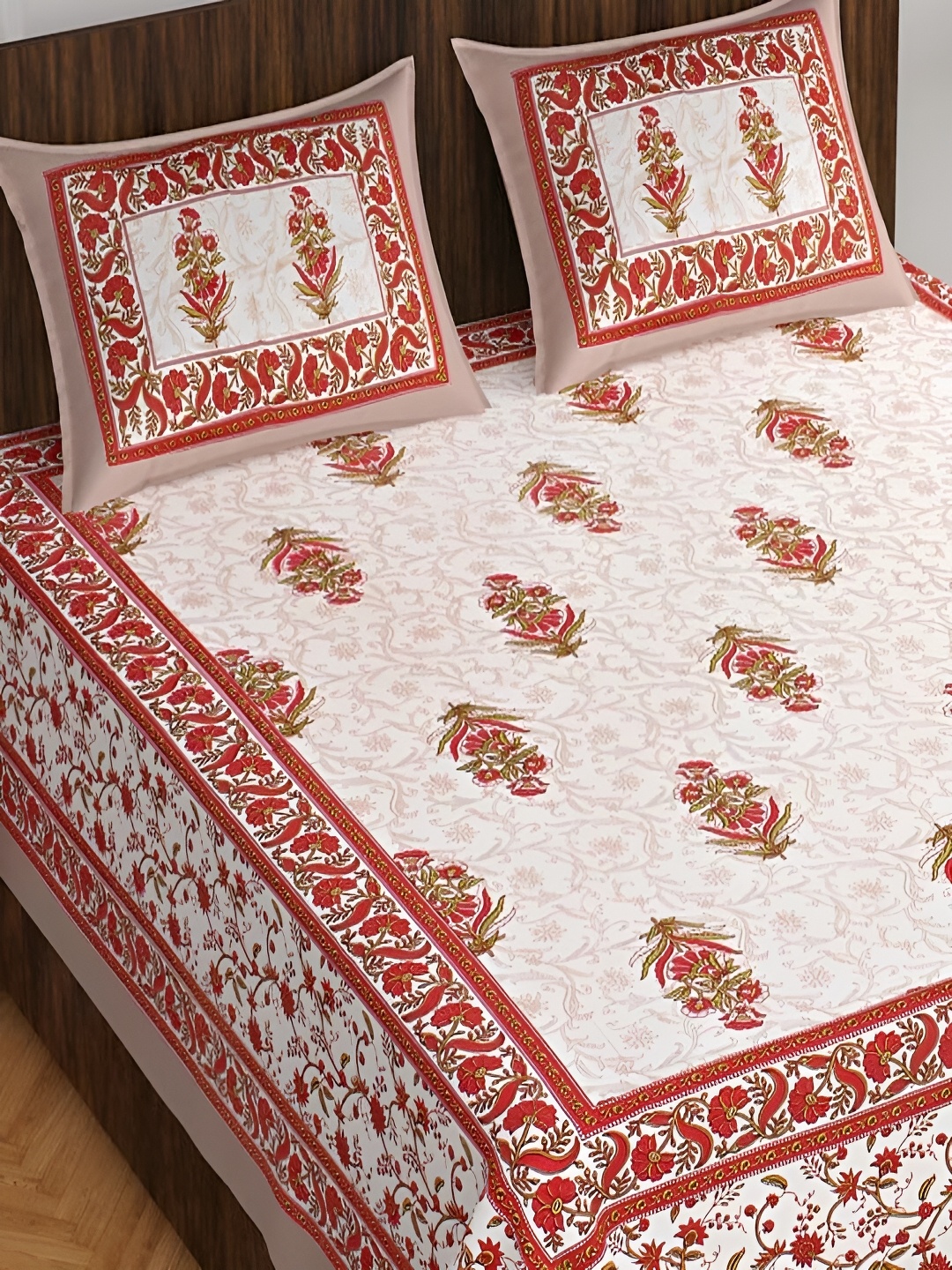 

Runjhun Red & White Ethnic Motifs Cotton 144 TC Queen Bedsheet with 2 Pillow Covers