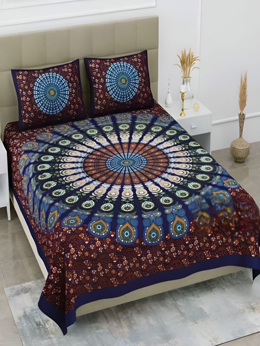 

Runjhun Brown & Blue Floral Cotton 144 TC Queen Bedsheet with 2 Pillow Covers