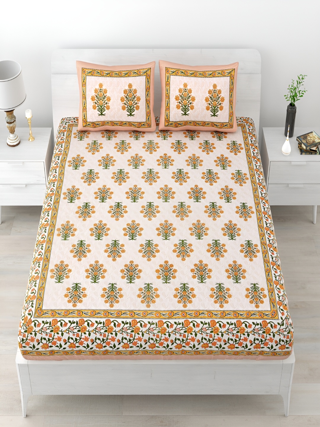 

Runjhun Orange & Green Ethnic Motifs Cotton King Bedsheet with 2 Pillow Covers