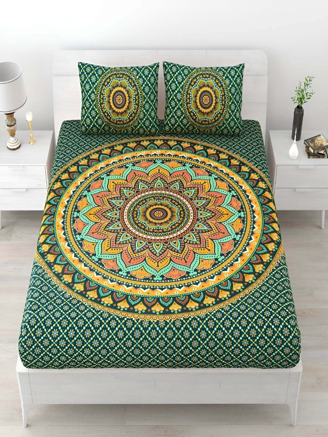 

Runjhun Green & Yellow Printed 240 TC Pure Cotton King Bedsheet with 2 Pillow Covers