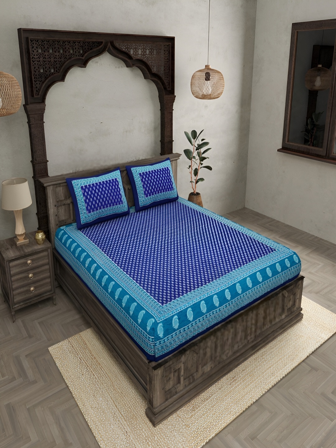 

Runjhun Blue Ethnic Motifs Printed 144 TC Pure Cotton Queen Bedsheet & 2 Pillow Covers
