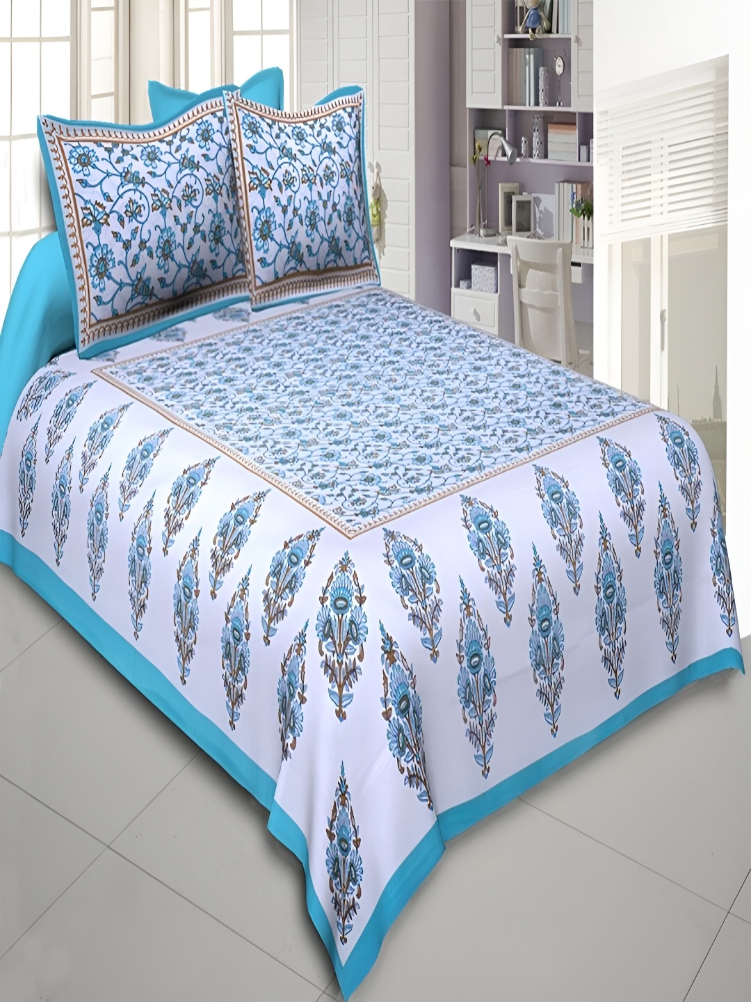 

Runjhun Blue Ethnic Motifs Printed 144 TC Pure Cotton Queen Bedsheet & 2 Pillow Covers