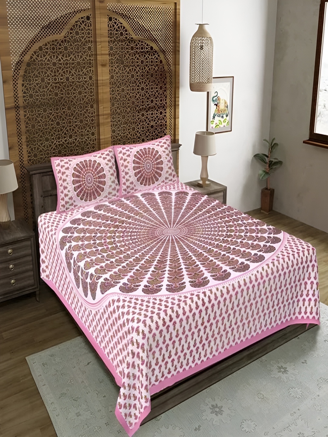 

Runjhun Pink Ethnic Motifs Printed 144 TC Pure Cotton Queen Bedsheet & 2 Pillow Covers