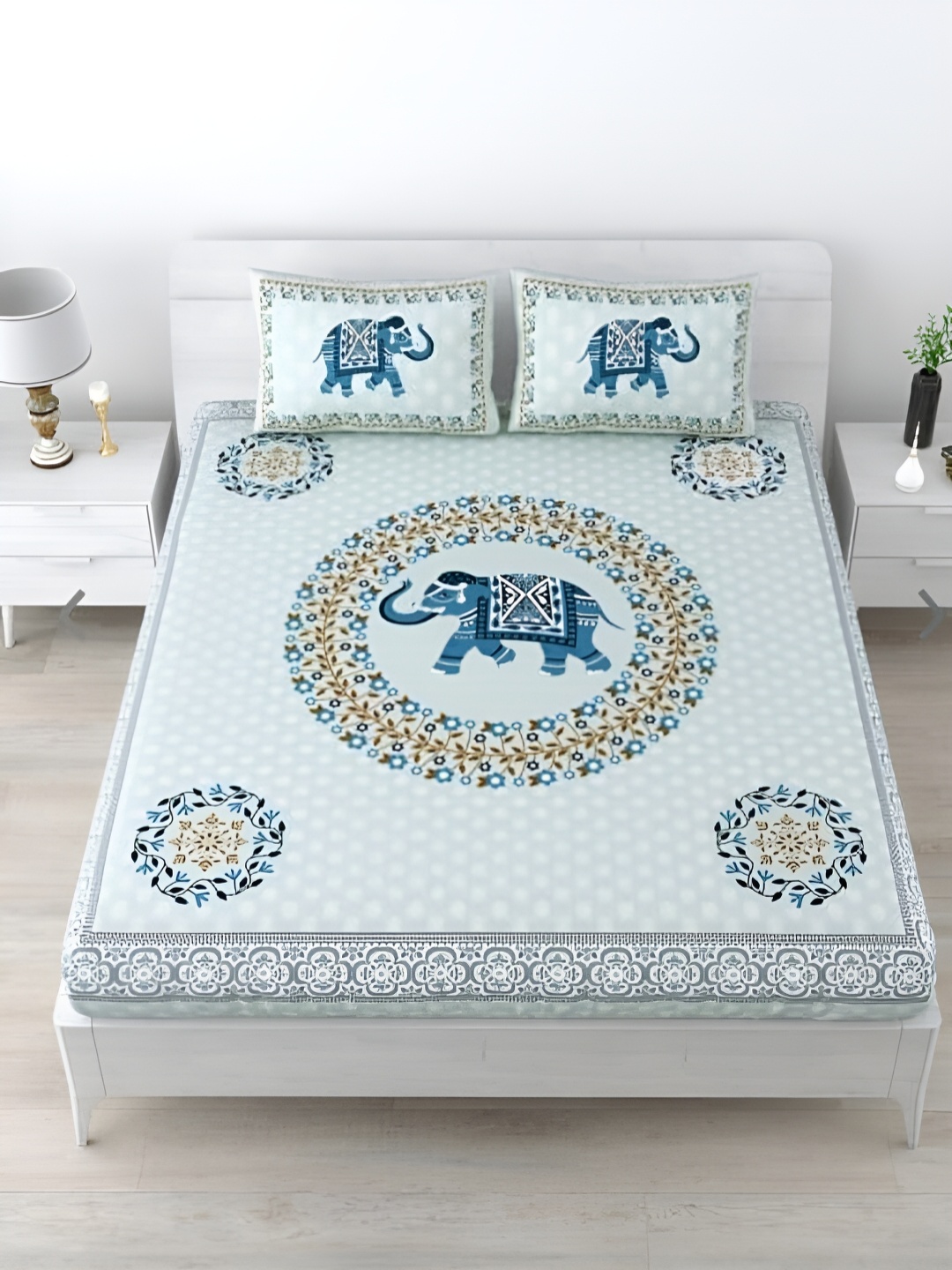 

Runjhun Blue Ethnic Motifs Printed 144 TC Pure Cotton Queen Bedsheet & 2 Pillow Covers