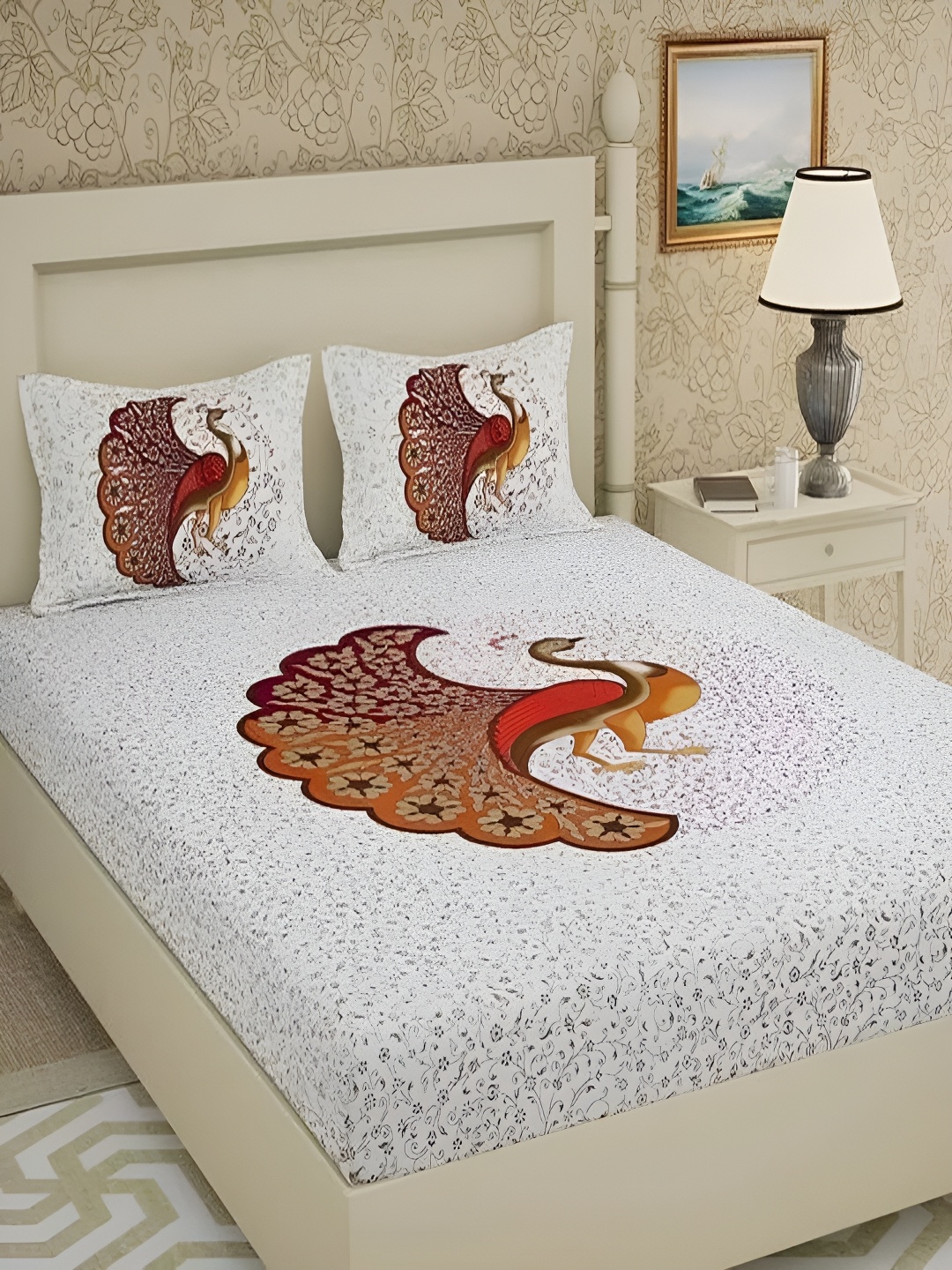 

Runjhun Cream-Coloured Ethnic Motifs 144 TC Pure Cotton Queen Bedsheet & 2 Pillow Covers