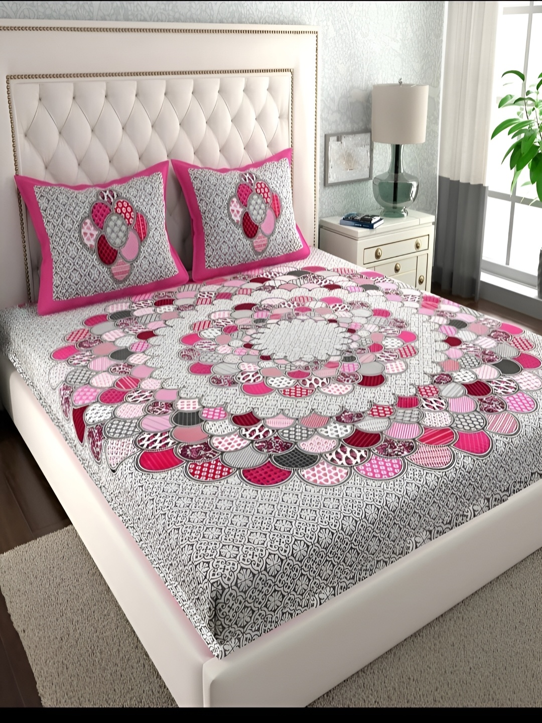 

Runjhun Pink & Grey Floral Printed 144 TC Pure Cotton Queen Bedsheet & 2 Pillow Covers