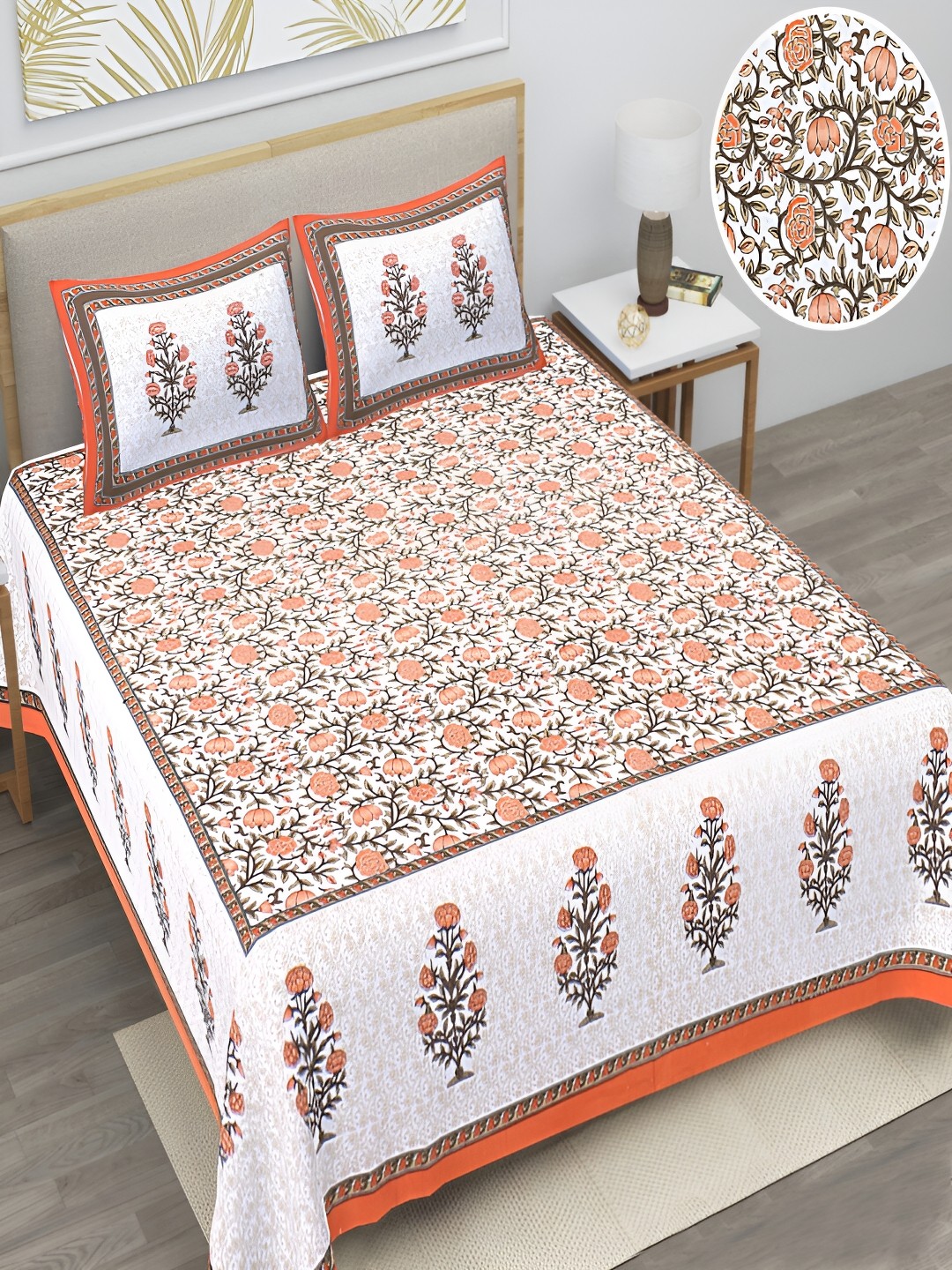 

Runjhun Orange & White Floral Printed 144 TC Pure Cotton Queen Bedsheet & 2 Pillow Covers