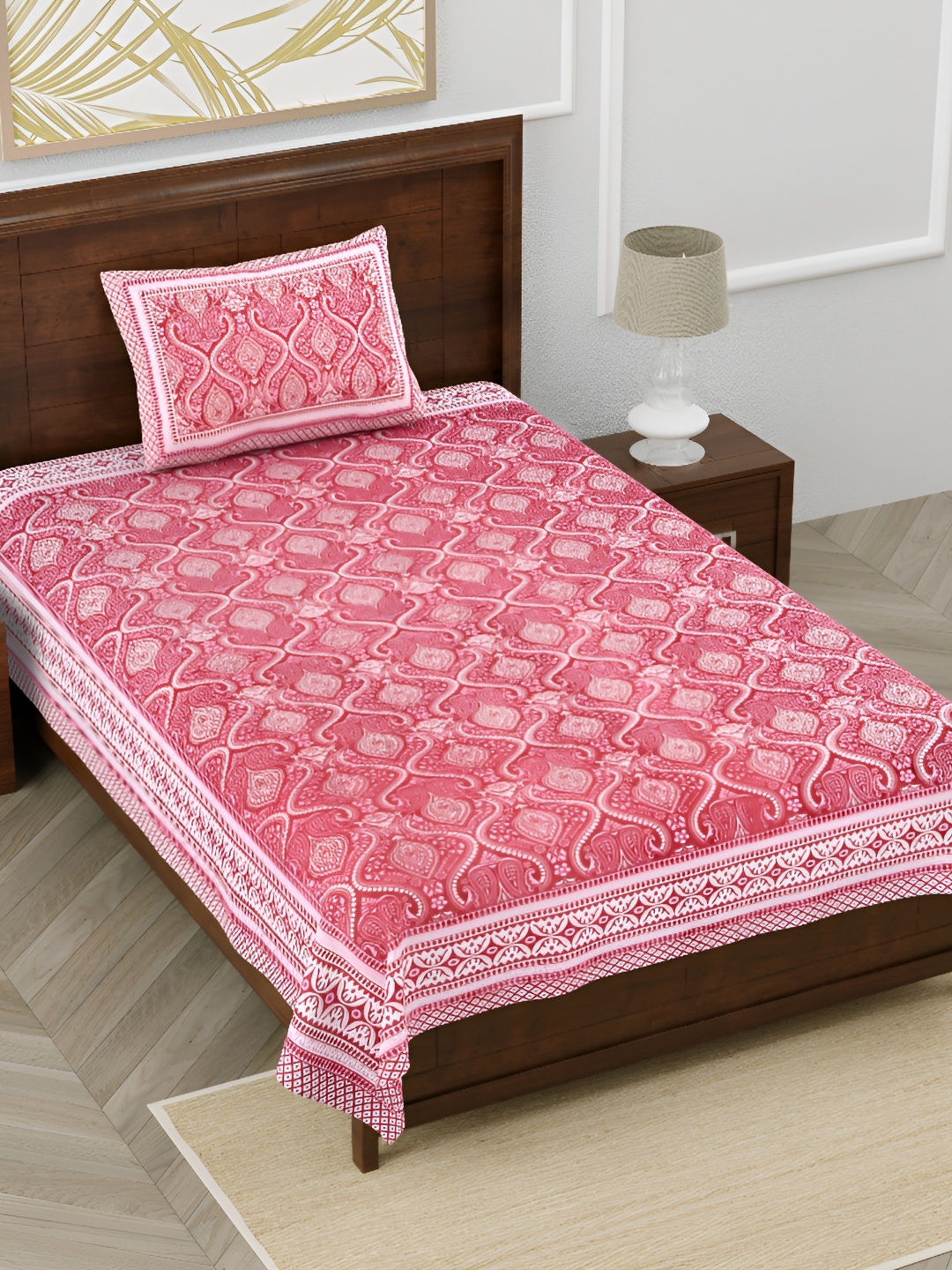 

EasyGoods Pink Ethnic Motifs Pure Cotton 210 TC Single Bedsheet With 1 Pillow Cover