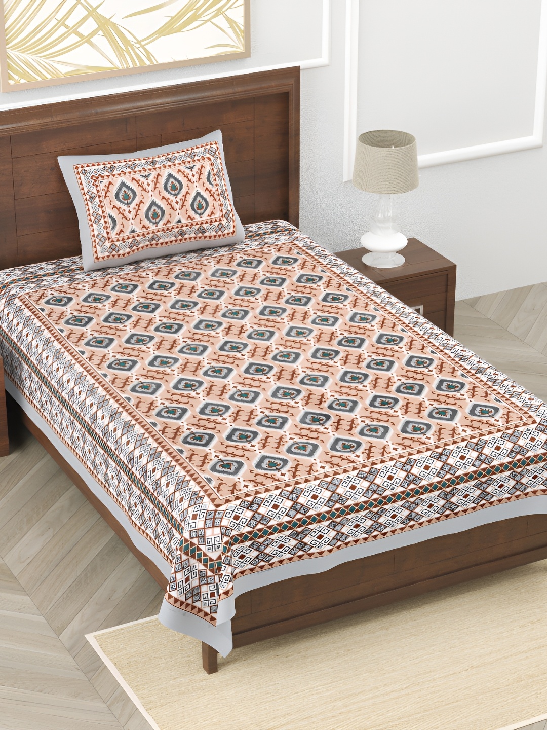 

EasyGoods Beige & White Floral Pure Cotton 210 TC Single Bedsheet With 1 Pillow Cover