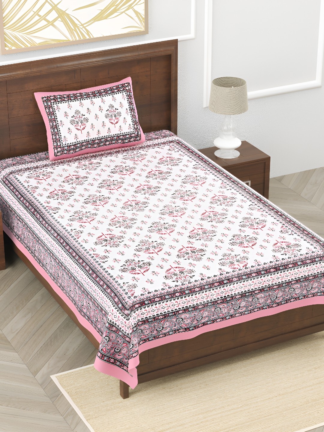 

EasyGoods White & Pink Floral Pure Cotton 210 TC Single Bedsheet With 1 Pillow Cover