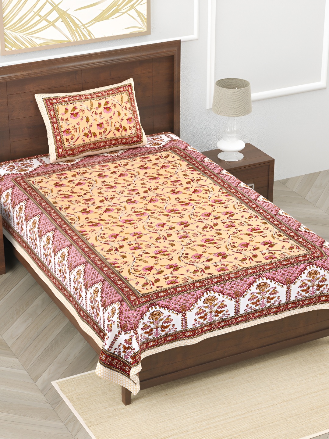 

EasyGoods Orange & Pink Floral Pure Cotton 210 TC Single Bedsheet With 1 Pillow Cover