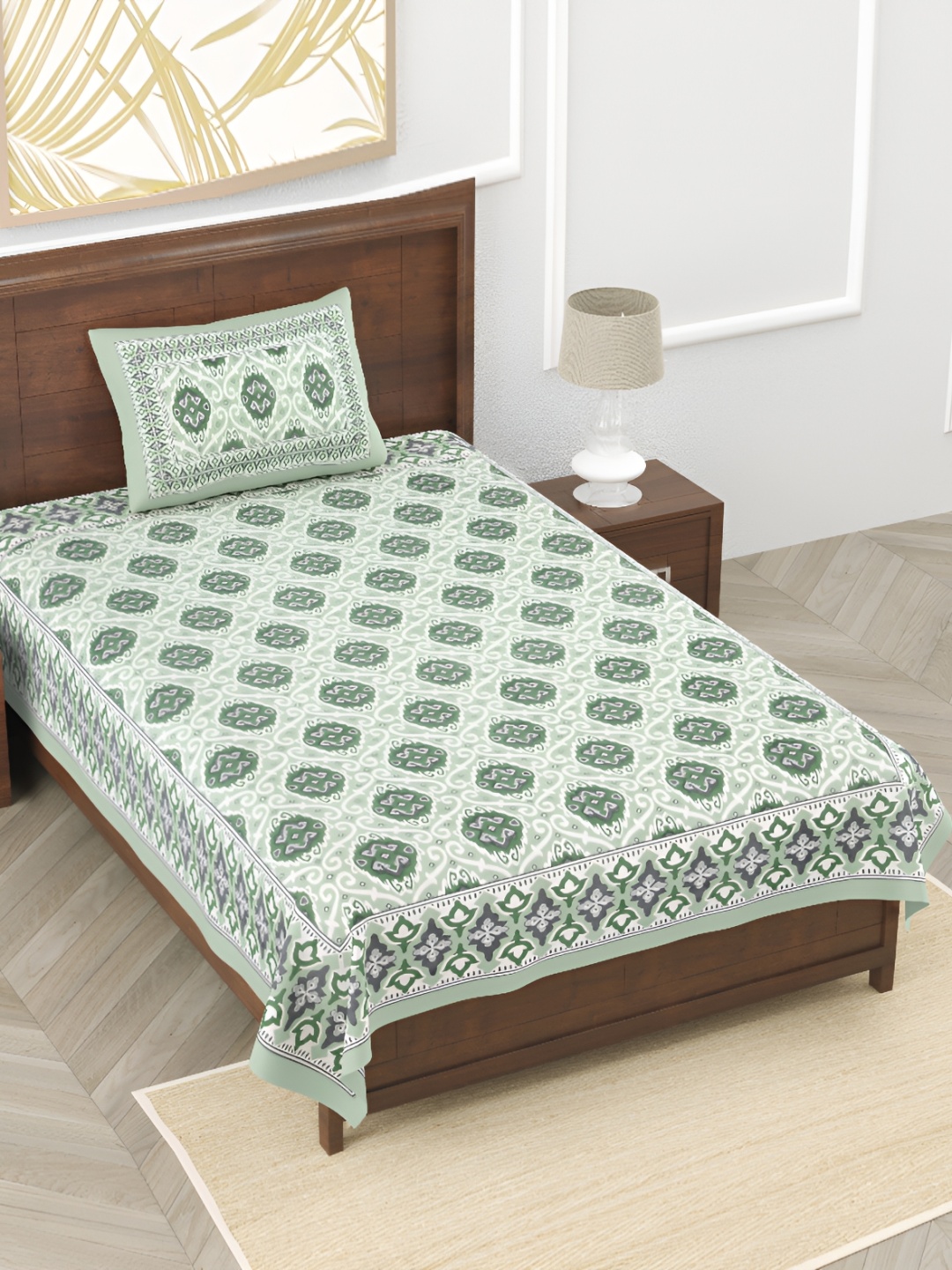 

EasyGoods Green Ethnic Motifs Pure Cotton 210 TC Single Bedsheet With 1 Pillow Cover