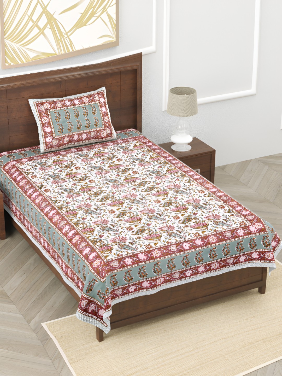 

EasyGoods White & Green Floral Pure Cotton 210 TC Single Bedsheet With 1 Pillow Cover