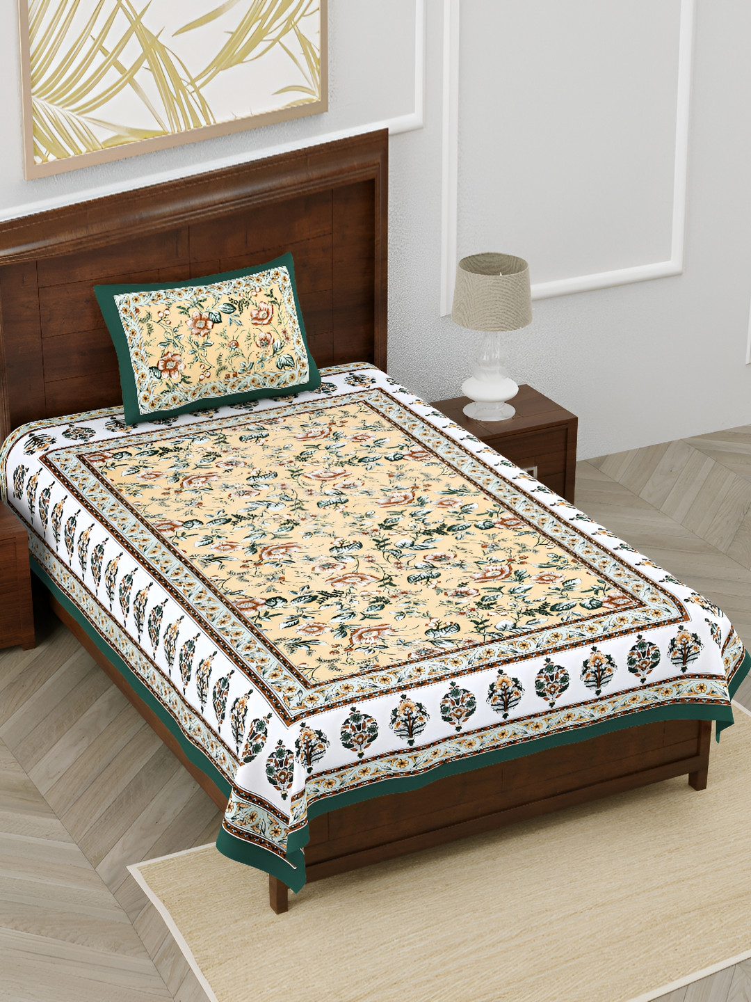 

EasyGoods White & Yellow Floral Pure Cotton 210 TC Single Bedsheet With 1 Pillow Cover