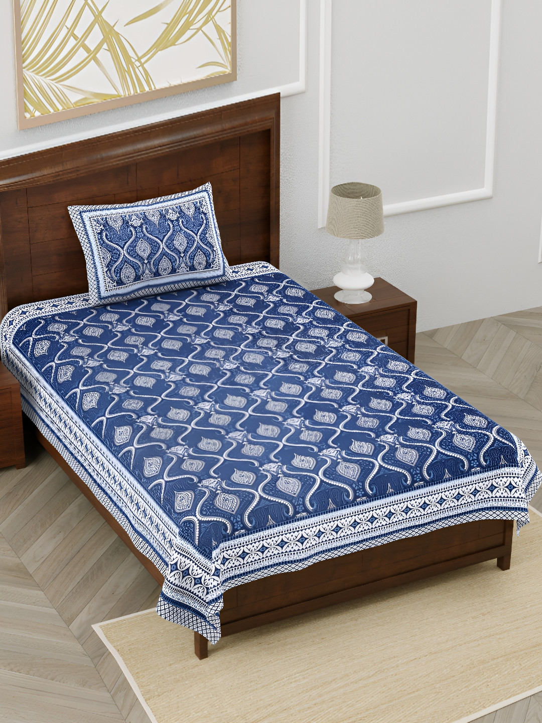 

EasyGoods Blue Ethnic Motifs Pure Cotton 210 TC Single Bedsheet With 1 Pillow Cover