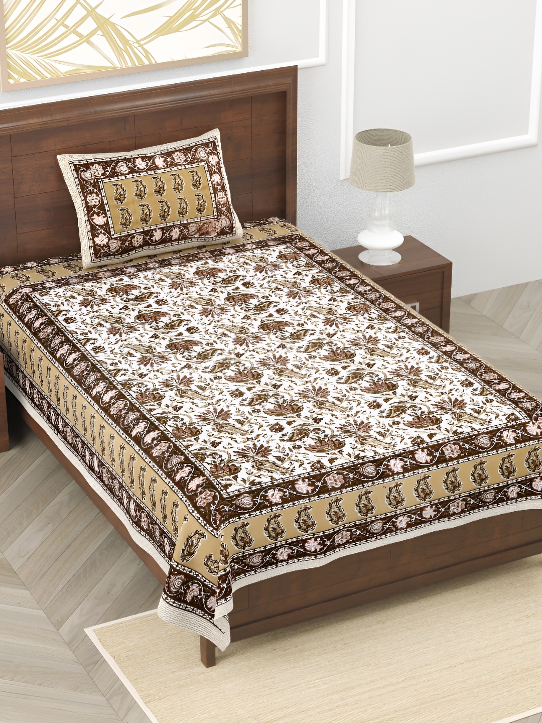 

EasyGoods White & Brown Floral Pure Cotton 210 TC Single Bedsheet With 1 Pillow Cover