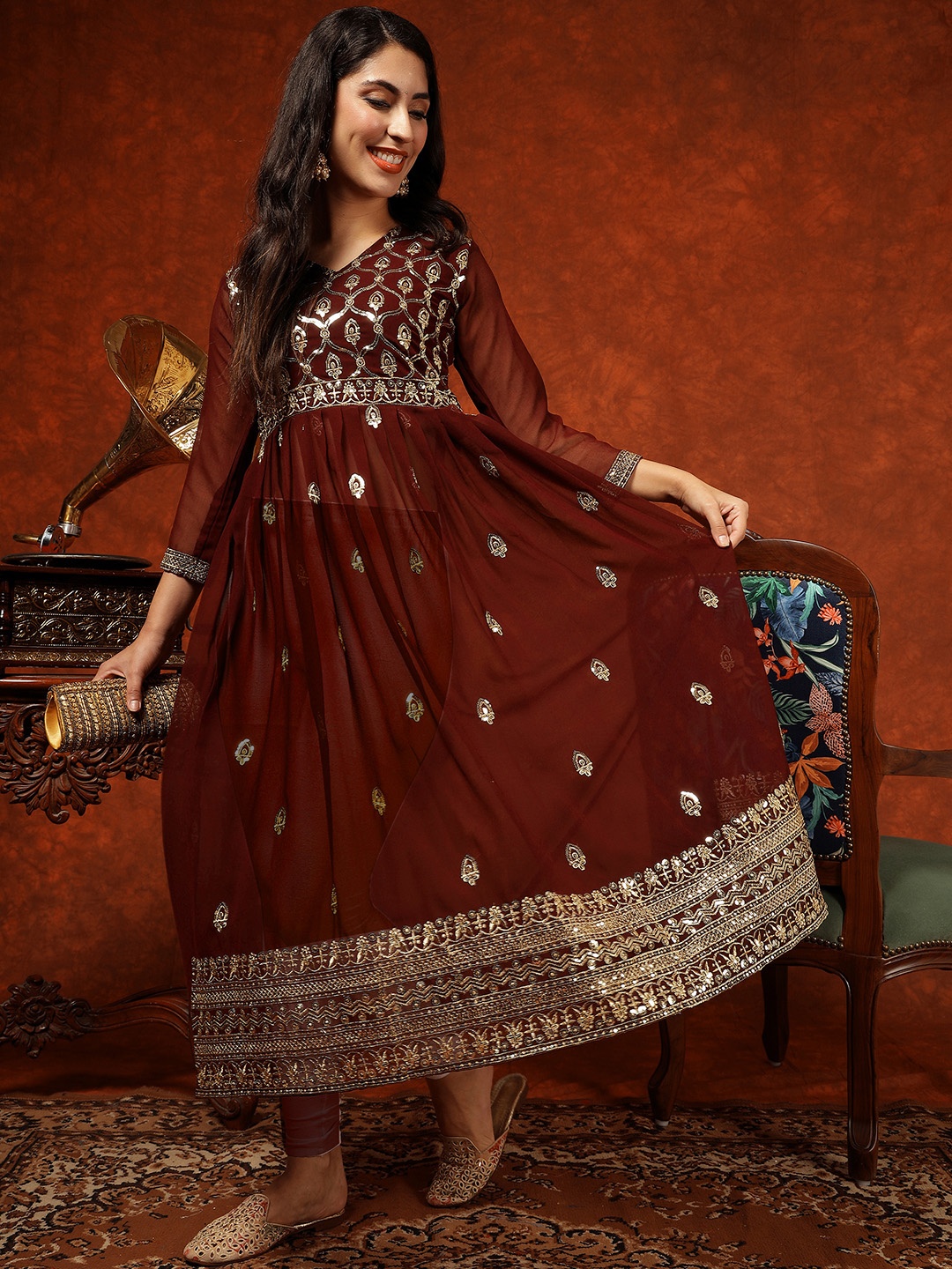 

KALINI Women Ethnic Motifs Printed Mirror Work Georgette Kurta, Orange