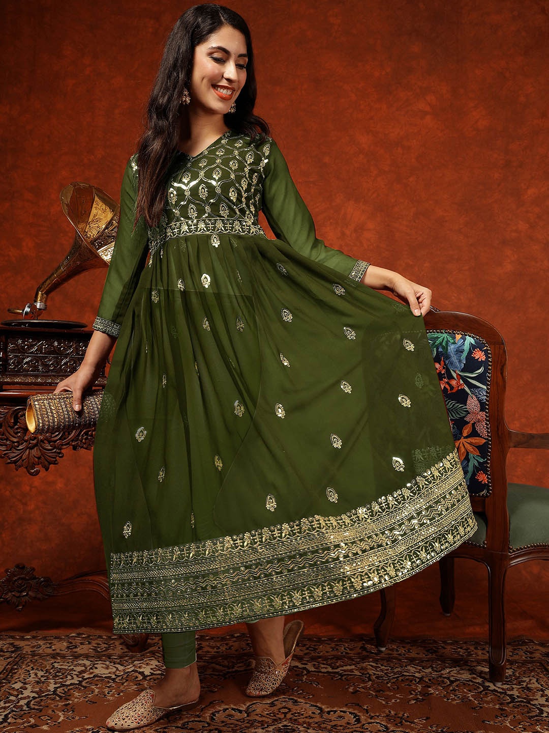KALINI Ethnic Motifs Embroidered Anarkali Kurta, Green