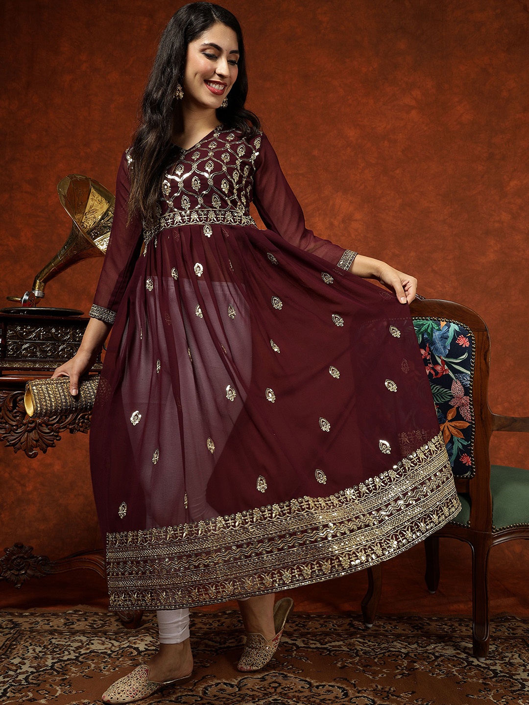 

KALINI Ethnic Motifs Embroidered Sequinned Georgette A-Line Kurta, Purple