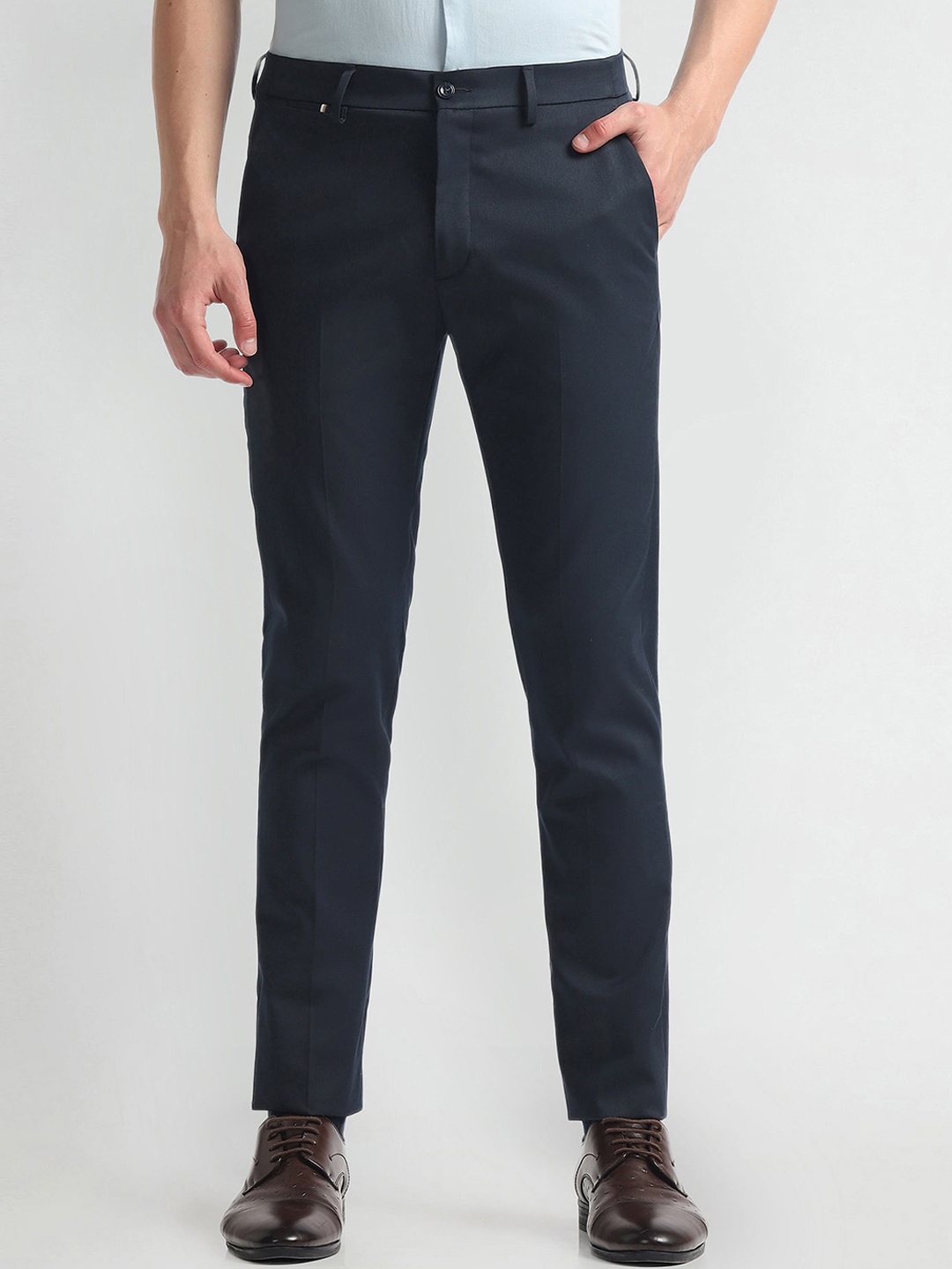 

Arrow New York Men Men Mid-Rise Super Slim Fit Formal Trousers, Blue