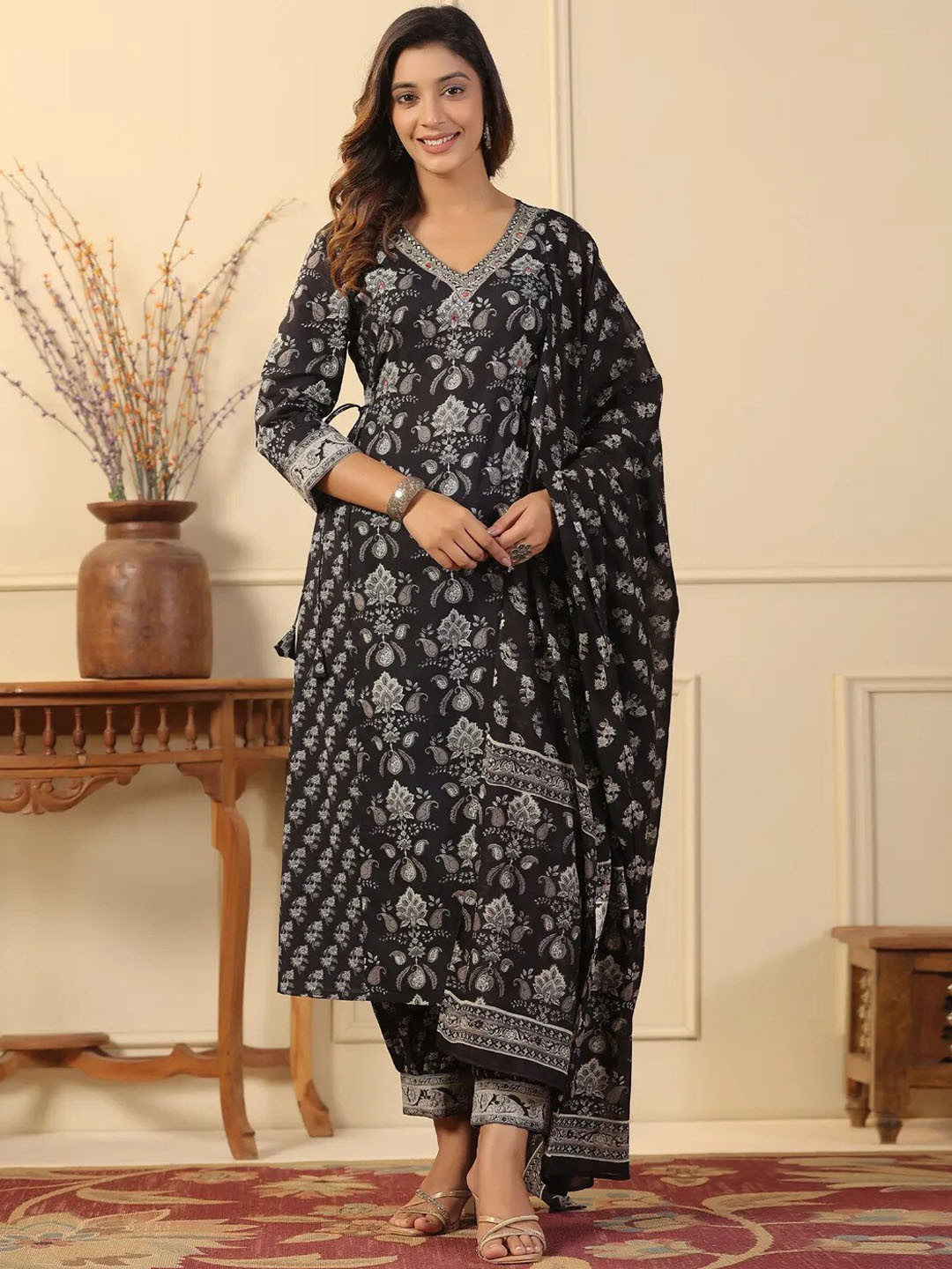 

KALINI Ethnic Motifs Printed Mirror Work Pure Cotton Kurta & Trousers With Dupatta, Black