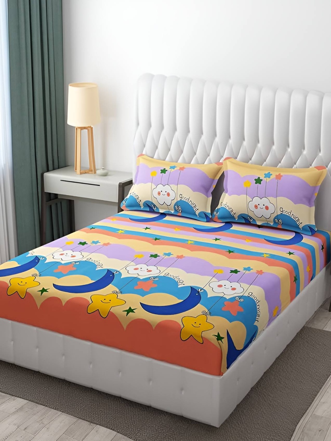 

Bajo's Purple & Yellow Graphic 250 TC Fitted Queen Bedsheet with 2 Pillow Covers